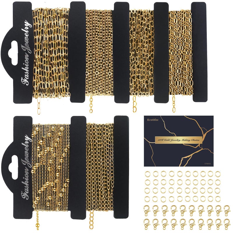 Ecoofor 14k Gold Necklace Chains for Jewelry Making, Total 20 Feet 6 Rolls Bracelet Chains for DIY, 3.3 Feet Each Style, 14K Gold Plated Chain with Jump Rings/Lobster Clasps/Connectors - Image 1