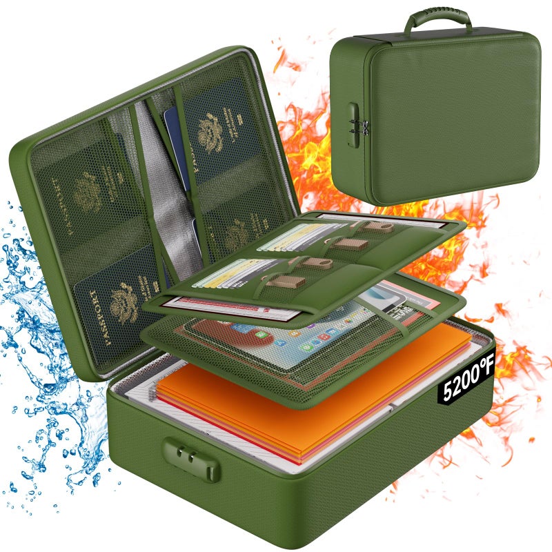 DocSafe 5200Â°F Document Organizer with Lock,Upgraded Heat Insulated Fireproofï¼†Waterproof Box 8 Layers File Organizer,Portable Home Travel Safe Storage for Important Documents, Files,Green (Soft) - Image 1