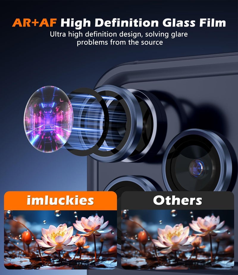 imluckies Camera Lens Protector for iPhone 17 Pro/iPhone 17 Pro Max, AR+AF Tempered Glass & 9H Hardness Shatterproof, HD Clear Metal Lens Cover with Installation Tray 2025, Blue - Image 2