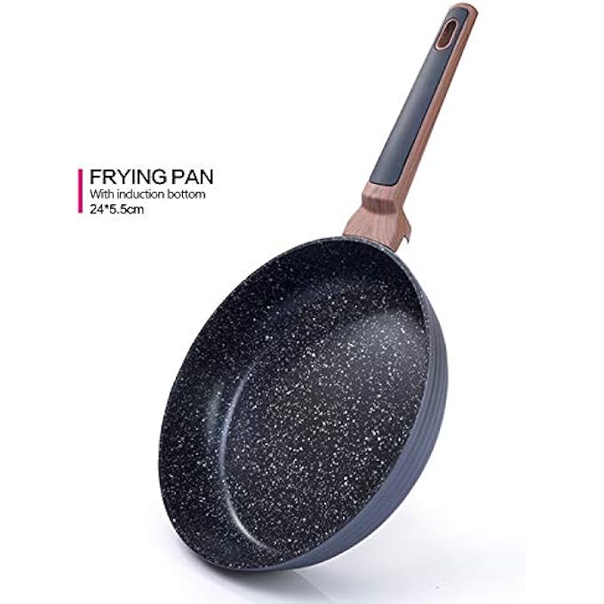 فيسمان مقلاة Greblon C3 من الألومنيوم المطروق بالماس، طلاء رخامي أسود، زينة خشبية ناعمة الملمس، مقلاة واحدة 24 سم - Image 2