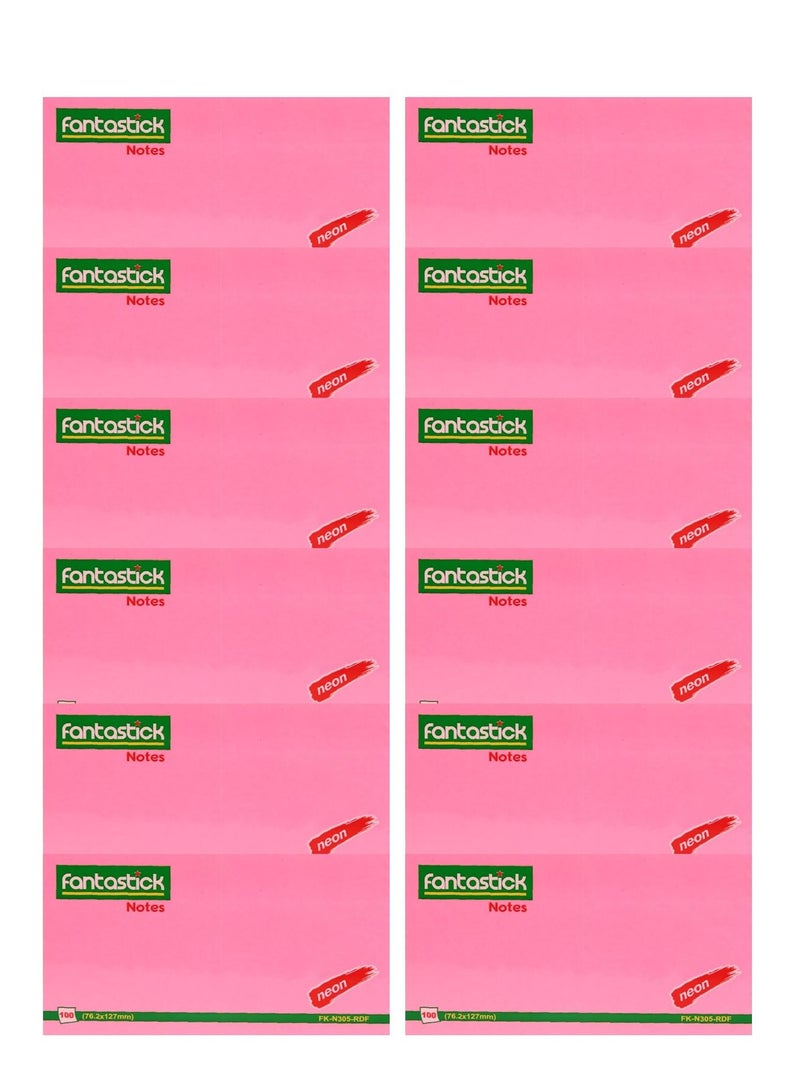 Fantastick 12-Piece Sticky Notes 3x5 Inch Size Neon Pink - Image 1