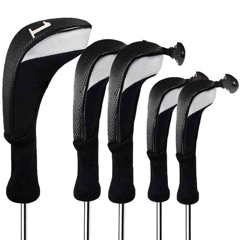 FINGER TEN Golf Club Head Covers Woods Driver Fairway Hybrid 3/4/5 Set, Headcovers Men 1 3 5 7 X Interchangeable Number Tag, Fit All Wood Clubs (5 Pack-Black(1D+2F+2H)) - Image 1