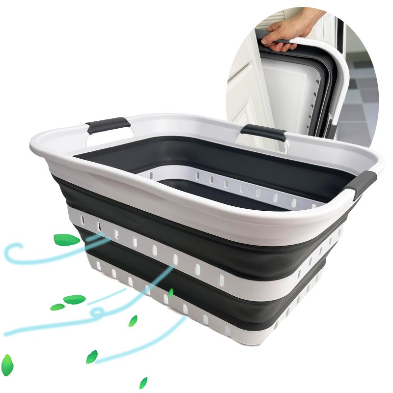 SAMMART Collapsible Plastic Rectangular Laundry Basket - Foldable Pop Up Storage Container/Organizer - Portable Laundry Hamper - Space Saving (White/Steel Grey, 42L) - Image 1