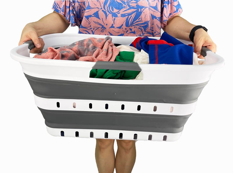 SAMMART Collapsible Plastic Rectangular Laundry Basket - Foldable Pop Up Storage Container/Organizer - Portable Laundry Hamper - Space Saving (White/Steel Grey, 42L) - Image 5