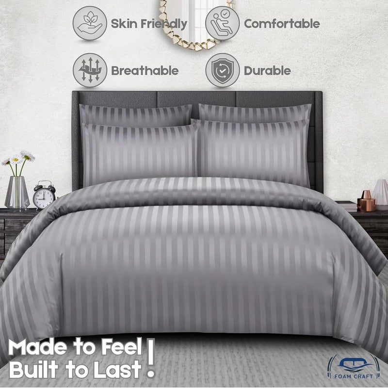 FOAM CRAFT Stripe 3-Piece Duvet Cover Set - 100% Cotton, Stain Free, Grey, King Size - Image 3