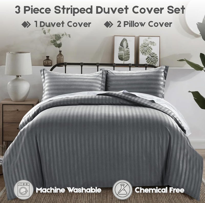 FOAM CRAFT Stripe 3-Piece Duvet Cover Set - 100% Cotton, Stain Free, Grey, King Size - Image 5