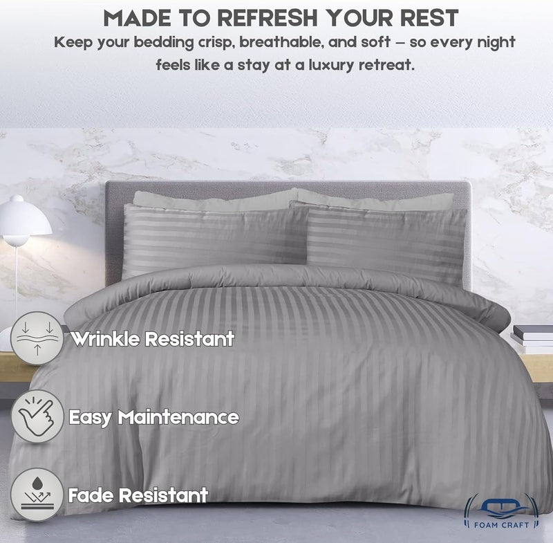FOAM CRAFT Stripe 3-Piece Duvet Cover Set - 100% Cotton, Stain Free, Grey, King Size - Image 4