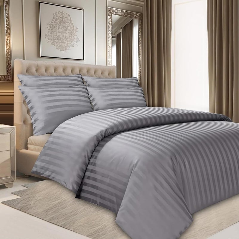 FOAM CRAFT Stripe 3-Piece Duvet Cover Set - 100% Cotton, Stain Free, Grey, King Size - Image 1