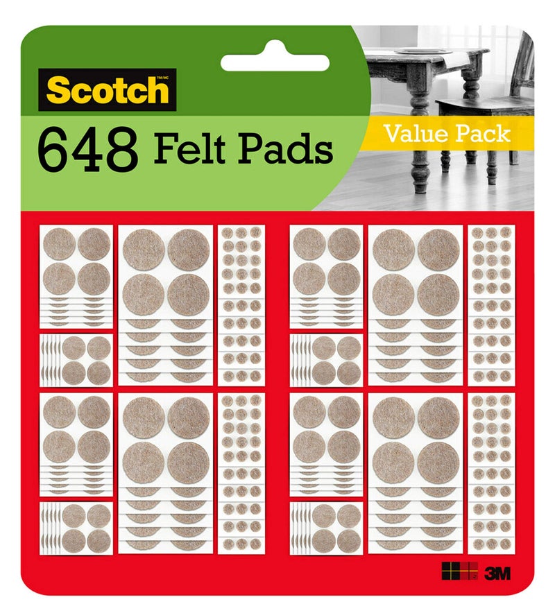 Scotch Felt Pads Value Pack 648 Pcs Round Beige Easytoapply SelfStick design Reliable protection from nicks dents and scratches Assorted Sizes 38 34 1 15 inch Pads SP8454
