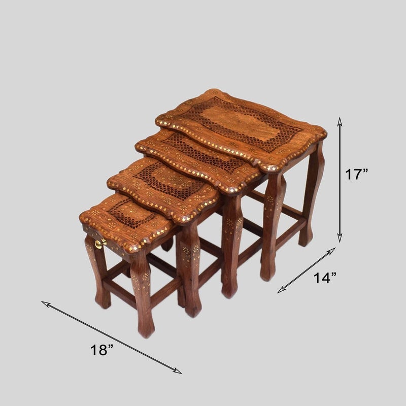 Tarang Arts Tarang Arts Sheesham Wood Nesting Table Set of 4 with Brass Inlay Work Elegant SpaceSaving Furniture for BedSofa Side Table for Home Office Living Room Guest Rooms Office 17x18x14 Inch  - Image 2