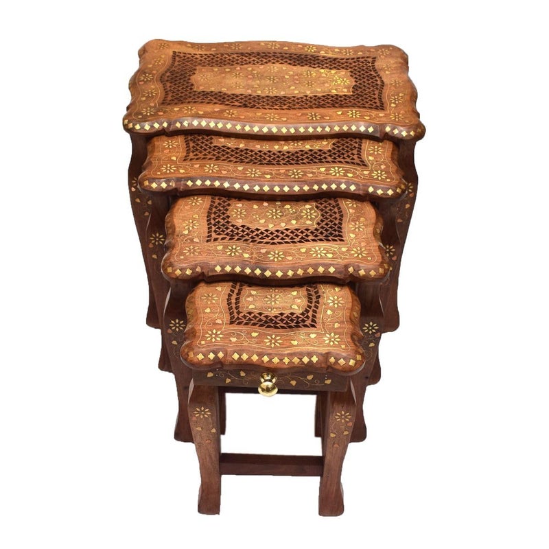 Tarang Arts Tarang Arts Sheesham Wood Nesting Table Set of 4 with Brass Inlay Work Elegant SpaceSaving Furniture for BedSofa Side Table for Home Office Living Room Guest Rooms Office 17x18x14 Inch  - Image 1