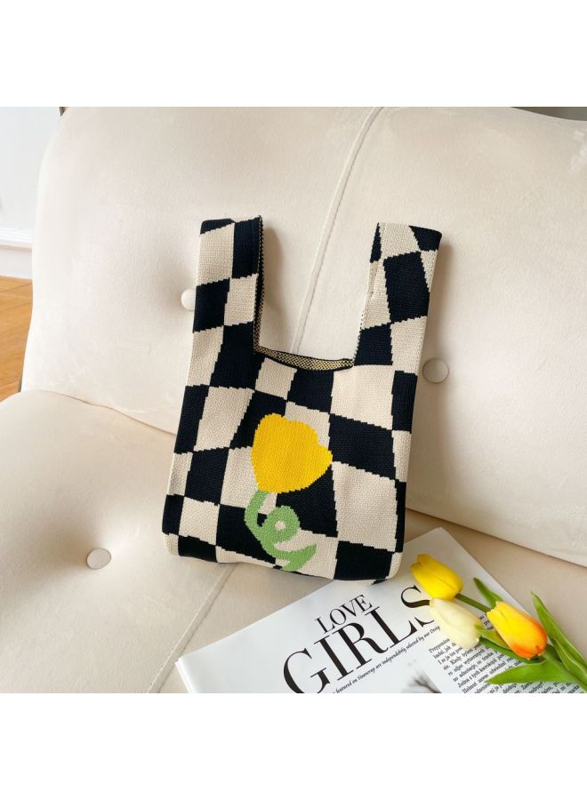 Ins Internet Celebrity Handbag Women's Knitted Wool Bucket Bag Japanese And Korean Style All-Match Hand Casual Tote Bag Lunch Box Bag-Color:Checkered Yellow Flowers-Dimensions:20*35 - Image 1
