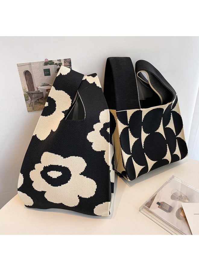 Ins Internet Celebrity Handbag Women's Knitted Wool Bucket Bag Japanese And Korean Style All-Match Hand Casual Tote Bag Lunch Box Bag-Color:Checkered Yellow Flowers-Dimensions:20*35 - Image 5