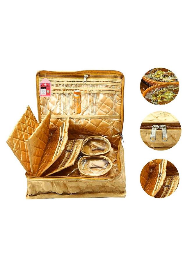 Luces حقائب مكياج ساتان لتخزين المجوهرات وتنظيم السفر للنساء بسهولة في أي مكان باللون الذهبي - Image 3
