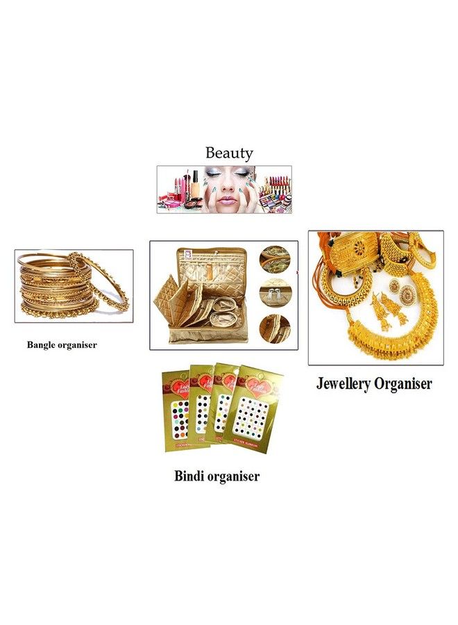 Luces حقائب مكياج ساتان لتخزين المجوهرات وتنظيم السفر للنساء بسهولة في أي مكان باللون الذهبي - Image 4