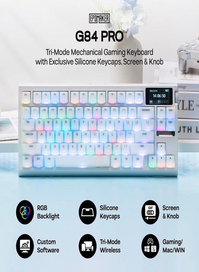 ابوماكر لوحة مفاتيح الألعاب اللاسلكية EPOMAKER G84 PRO مع شاشة ومقبض، لوحة مفاتيح ميكانيكية كريمية بنسبة 75%، بطارية 8000 مللي أمبير، قابلة للتبديل السريع، أغطية مفاتيح من السيليكون، وضع BT5.0/2.4G/USB-C، NKRO، إضاءة RGB (أبيض، مفتاح كريمي ياق) - Image 2
