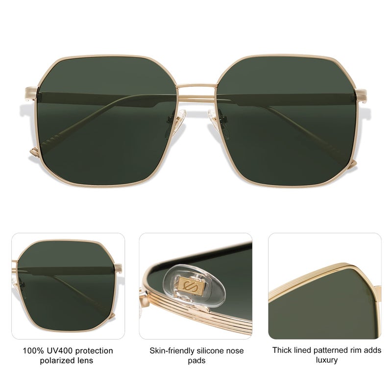 SOJOS Retro Square Polarized Sunglasses for Women Vintage Square Shades UV400 Large Metal Frame SJ1166 with Gold/Green Lens - Image 4