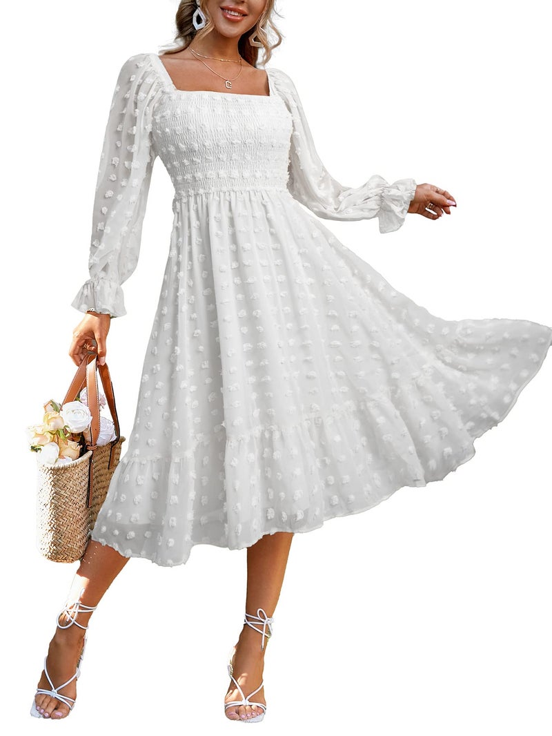 Amegoya Women's Elegant Square Neck Long Sleeve Formal Dress Fall Swiss Dot Modest Smocked Midi Wedding Guest Dress (White L) - Image 1