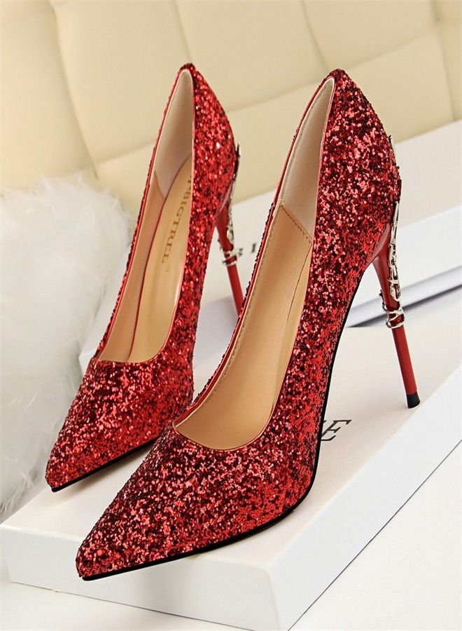 BIGTREE Shallow Pointed Sequin High Heels 9.5CM Red