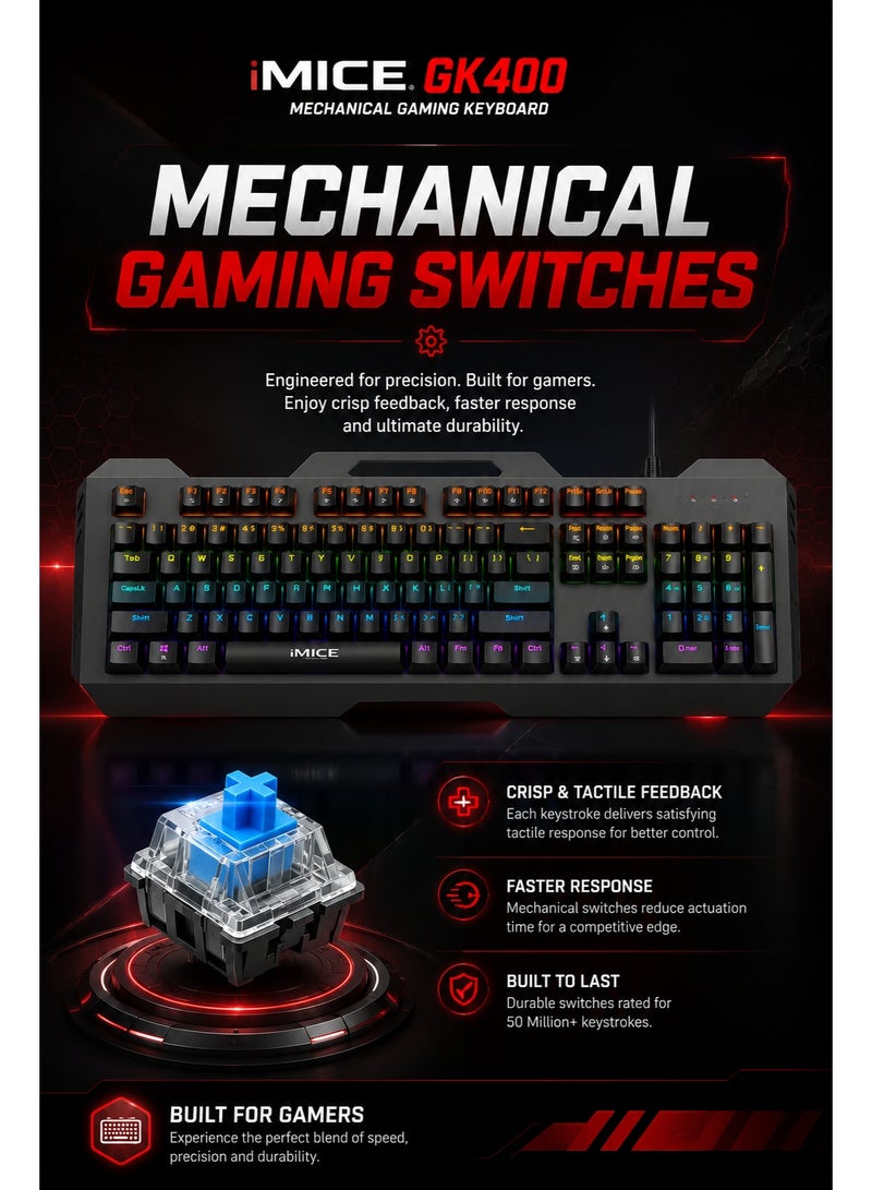 iMice Gaming Keyboard RGB Mechanical–104-Key Compact Design with 6-Color LED Backlight, 28 Custom Lighting Modes & 12 Multimedia Hotkeys for Ultimate Performance - Image 2