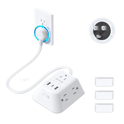 TROND 360° Rotating Plug Power Strip, 1.5FT Short Extension Cord with Multiple Outlets and 3 USB Ports, 1440 Joules Wall Mount Surge Protector for Indoor Home Office Dorm Room, White - Image 1