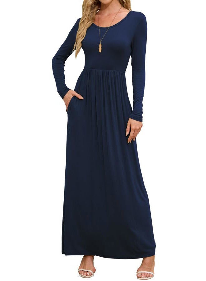 DEARCASE Maxi Dress for Women Navy Blue X-Large Crewneck Long Sleeves Wedding Guest A-line Plain Casual Empire Waist Flowy Party Vintage Spring Fall Winter Floor Dresses with Pocket - Image 1