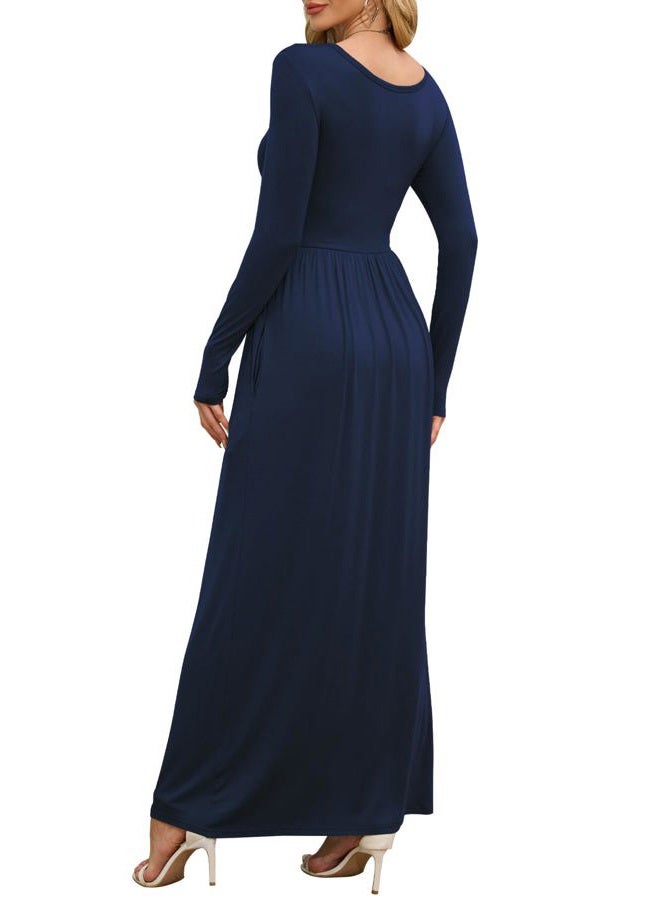 DEARCASE Maxi Dress for Women Navy Blue X-Large Crewneck Long Sleeves Wedding Guest A-line Plain Casual Empire Waist Flowy Party Vintage Spring Fall Winter Floor Dresses with Pocket - Image 2