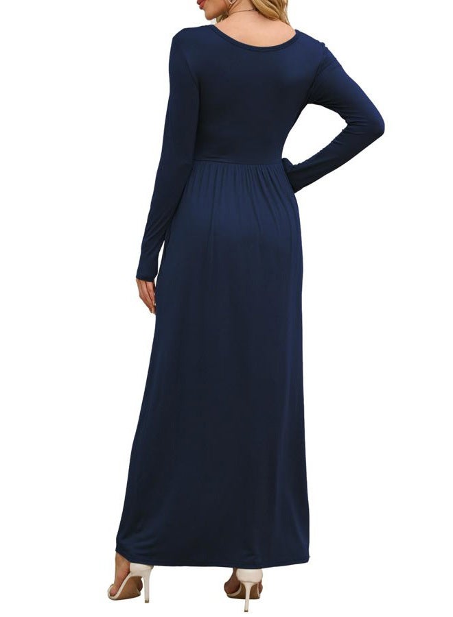 DEARCASE Maxi Dress for Women Navy Blue X-Large Crewneck Long Sleeves Wedding Guest A-line Plain Casual Empire Waist Flowy Party Vintage Spring Fall Winter Floor Dresses with Pocket - Image 3