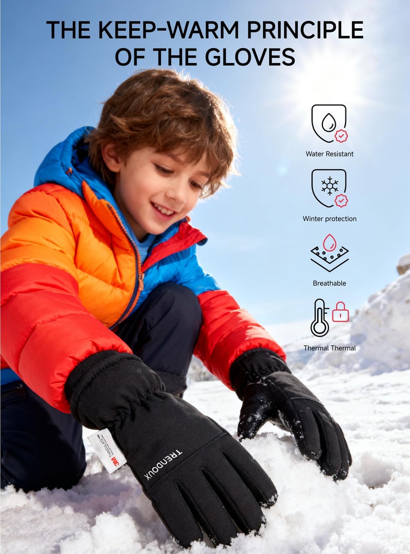 TRENDOUX Kids Ski Gloves Snow Winter Glove for Boy Girl, 100% Waterproof Windproof Cold Weather Touch Screen with 3M Thinsulate 8-10 12-14 Years Old Child Gloves Skiing Snowboarding Gift - Black L - Image 4