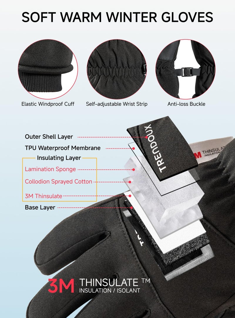 TRENDOUX Kids Ski Gloves Snow Winter Glove for Boy Girl, 100% Waterproof Windproof Cold Weather Touch Screen with 3M Thinsulate 8-10 12-14 Years Old Child Gloves Skiing Snowboarding Gift - Black L - Image 2