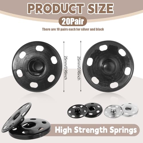 FdcLixuvol 20 Sets Large Snaps for Sewing, Metal Sew on Snap Fastener Buttons 25mm Large Clothing Snaps Press Studs Buttons Big Snap Button for Sewing Clothing, Black and Silver (Large Size 0.98IN) - Image 3
