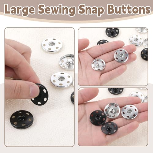 FdcLixuvol 20 Sets Large Snaps for Sewing, Metal Sew on Snap Fastener Buttons 25mm Large Clothing Snaps Press Studs Buttons Big Snap Button for Sewing Clothing, Black and Silver (Large Size 0.98IN) - Image 4