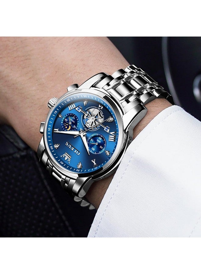 أوليفز ساعة OLEVS للرجال هيكل عظمي كوارتز كرونوغراف ألماس ستانلس ستيل تقويم طور القمر ساعة يد مقاومة للماء فضية زرقاء - Image 5