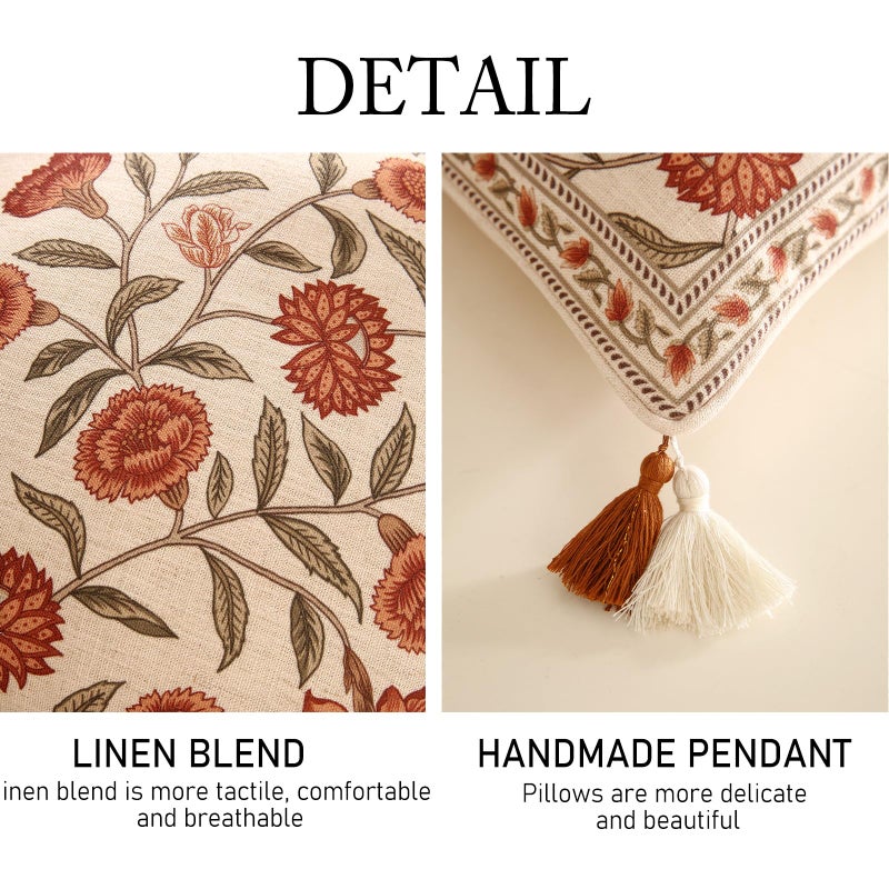 ISAENNE Design Linen Square Vintage Throw Pillow Covers 18"x18", Brick Red Cushion Covers with Orange Floral Green Leaves Pattern Decoration Pillowcases for Bed,Living Room,Outdoor,Car - Image 5