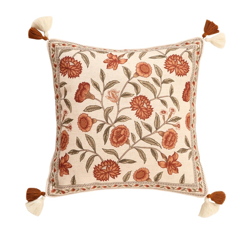 ISAENNE Design Linen Square Vintage Throw Pillow Covers 18"x18", Brick Red Cushion Covers with Orange Floral Green Leaves Pattern Decoration Pillowcases for Bed,Living Room,Outdoor,Car - Image 1