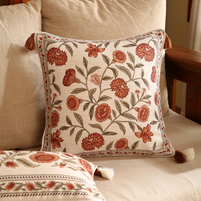 ISAENNE Design Linen Square Vintage Throw Pillow Covers 18"x18", Brick Red Cushion Covers with Orange Floral Green Leaves Pattern Decoration Pillowcases for Bed,Living Room,Outdoor,Car - Image 2