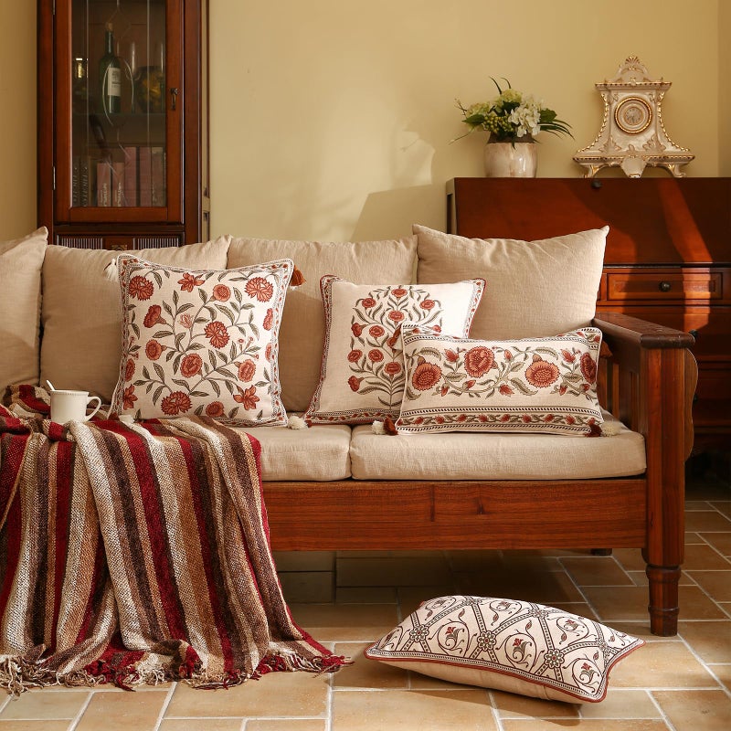 ISAENNE Design Linen Square Vintage Throw Pillow Covers 18"x18", Brick Red Cushion Covers with Orange Floral Green Leaves Pattern Decoration Pillowcases for Bed,Living Room,Outdoor,Car - Image 3