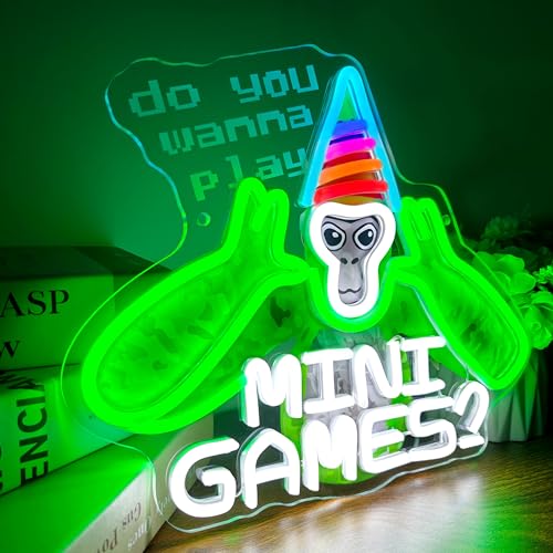 JOSEBRU Do You Wanna Play Mini Games? Neon Sign Fun Gaming LED Art for Game Rooms Decor Cute Monkey with Party Hat Sign for Mini Game Fans Night Lights for Bedroom Party Kids Room Wall Decor - Image 2