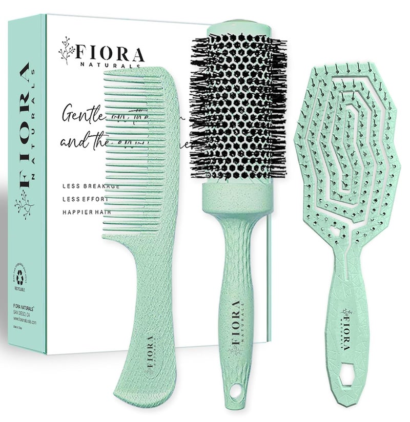 Fiora Naturals Hair Brush Set  Detangler Round Brush and Comb for Women  Biofriendly Brushes for All Hair Types including Natural Fine  Curly  Ideal for Detangling and Blow Drying