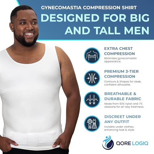 QORE LOGIQ Gynecomastia Compression Shirts for Men - Sleeveless Slimming Undershirts Tummy Control and Body Shaper Tank Top White 3XLT (Tall Fit) - Image 3