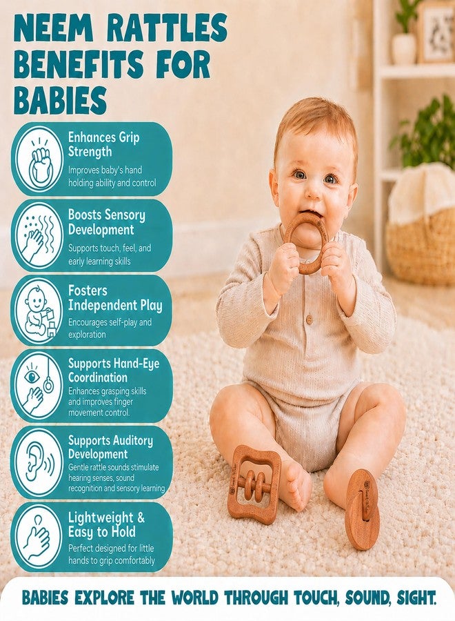 SMARTTHINKER Neem Wood Baby Rattle Combo Set for Infants & Toddlers | Montessori Sensory Grasping & Teether Toys | Early Learning Wooden Toys for Newborn Babies - Image 3