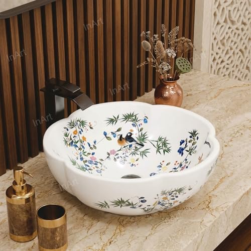 InArt Ceramic Moroccan Wash Basin | Countertop Basin for Bathroom | Tabletop Wash Basin | Designer Art Basin for Bathroom/Home/Office/Hotels | 42 x 42 x 14 cm White Color Floral - Image 4