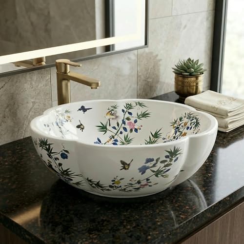 InArt Ceramic Moroccan Wash Basin | Countertop Basin for Bathroom | Tabletop Wash Basin | Designer Art Basin for Bathroom/Home/Office/Hotels | 42 x 42 x 14 cm White Color Floral - Image 1