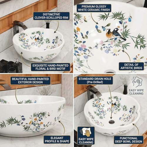 InArt Ceramic Moroccan Wash Basin | Countertop Basin for Bathroom | Tabletop Wash Basin | Designer Art Basin for Bathroom/Home/Office/Hotels | 42 x 42 x 14 cm White Color Floral - Image 3