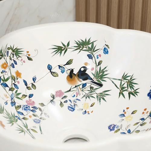 InArt Ceramic Moroccan Wash Basin | Countertop Basin for Bathroom | Tabletop Wash Basin | Designer Art Basin for Bathroom/Home/Office/Hotels | 42 x 42 x 14 cm White Color Floral - Image 5