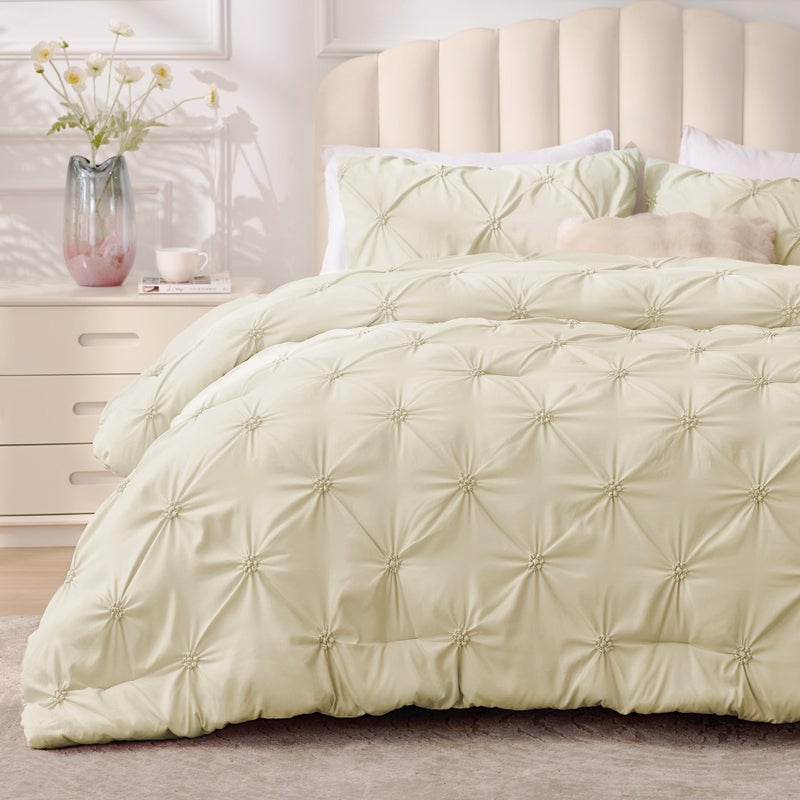 BEDELITE Beige Queen Comforter Set - 3 Pieces Boho Pintuck Bedding Comforter Sets, Lightweight Soft & Warm Bed Comforter Queen with 2 Pillowcases for All Season - Image 1