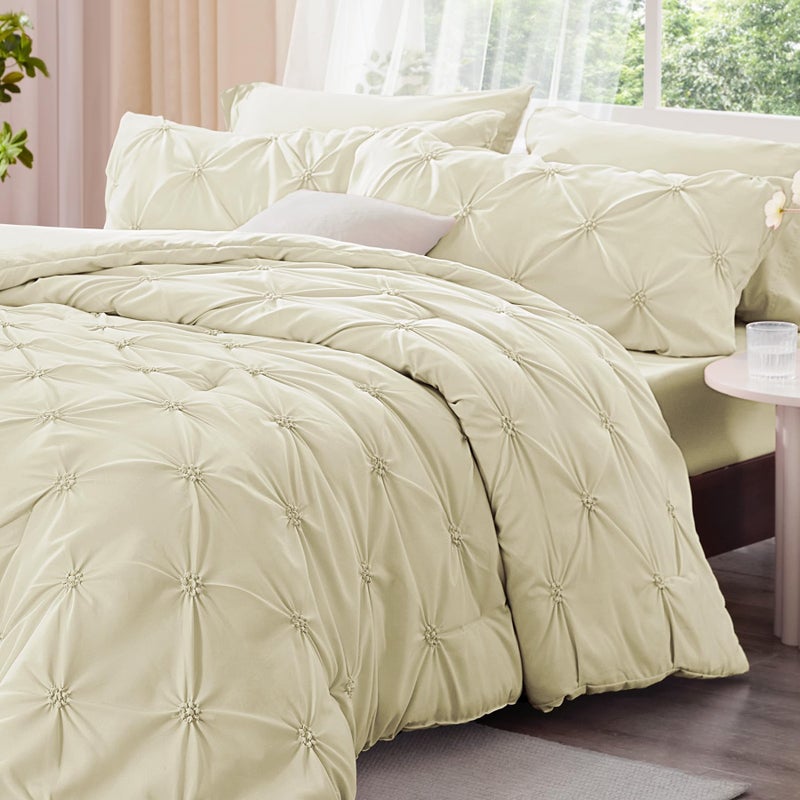 BEDELITE Beige Queen Comforter Set - 3 Pieces Boho Pintuck Bedding Comforter Sets, Lightweight Soft & Warm Bed Comforter Queen with 2 Pillowcases for All Season - Image 2