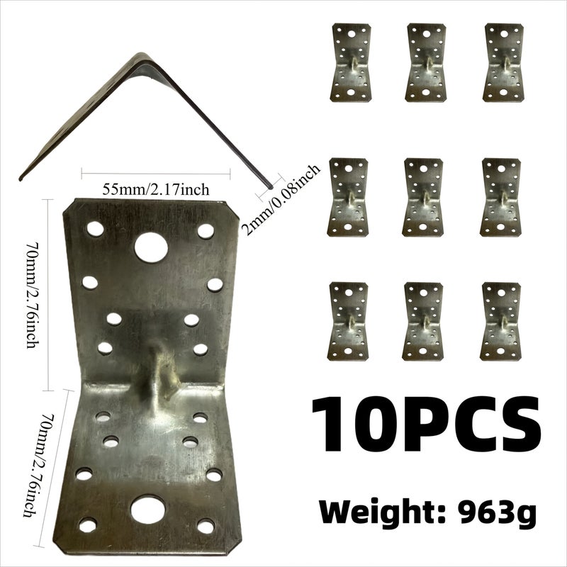 10 Pieces Heavy Duty Galvanized Steel Angle Bracket Frame 70x70x55mm 2mm Thick Rust Proof Load Bearing DIY Installation Hardware Kit - Image 4