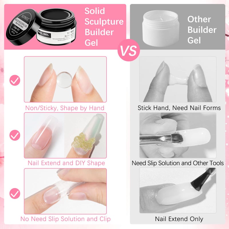 SUPWEE Solid Builder Gel for Nail Extension Clear Pink Non-Stick Hand Sculpture Hard Gel with Dual Form Flower Effect for Home DIY Manicure Set Lamp Cure Require 2 Colors 14g(0.49oz) - Image 3