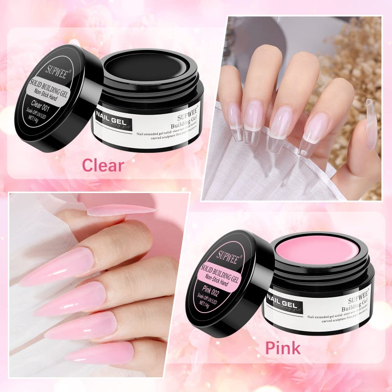 SUPWEE Solid Builder Gel for Nail Extension Clear Pink Non-Stick Hand Sculpture Hard Gel with Dual Form Flower Effect for Home DIY Manicure Set Lamp Cure Require 2 Colors 14g(0.49oz) - Image 5